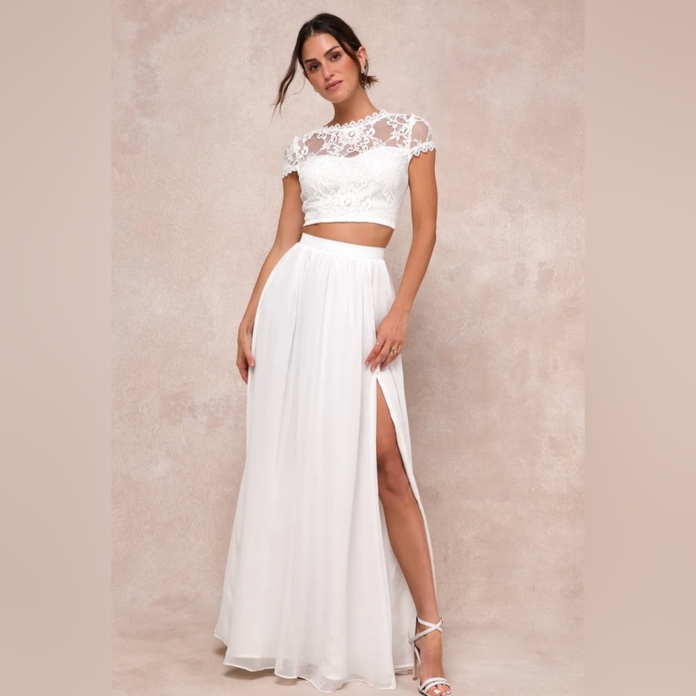 Elegant White Lace Two-Piece Dress from Lulus